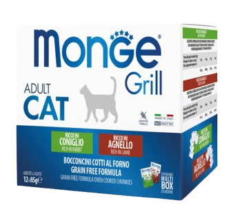 Monge Grill Caja Gatos Adultos Trozos Húmedos Conejo y Cordero
