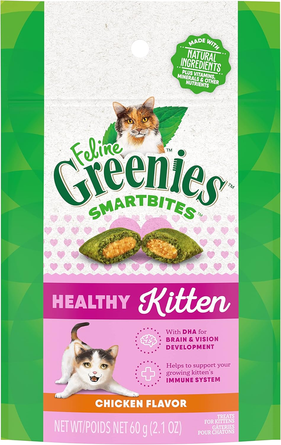 Greenies Feline Smartbites - Snacks saludables para gatitos sabor a pollo.